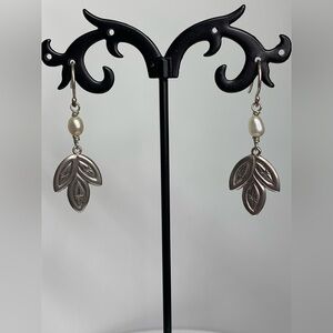 Silpada Vintage Sterling Silver & Pearl w/Engraved Leaf on Wires Dangle Earrings